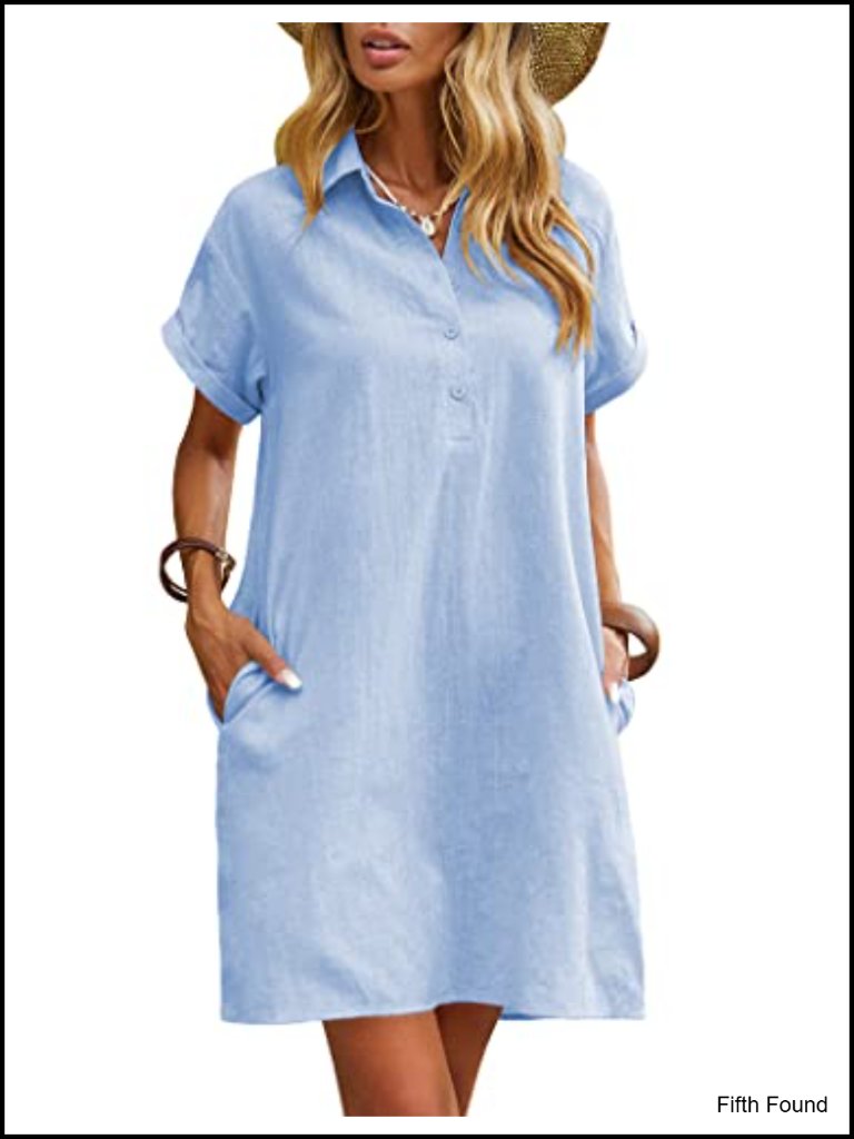 Cotton Shift Dress Button Down Short Sleeve Pockets Beach Cover Up